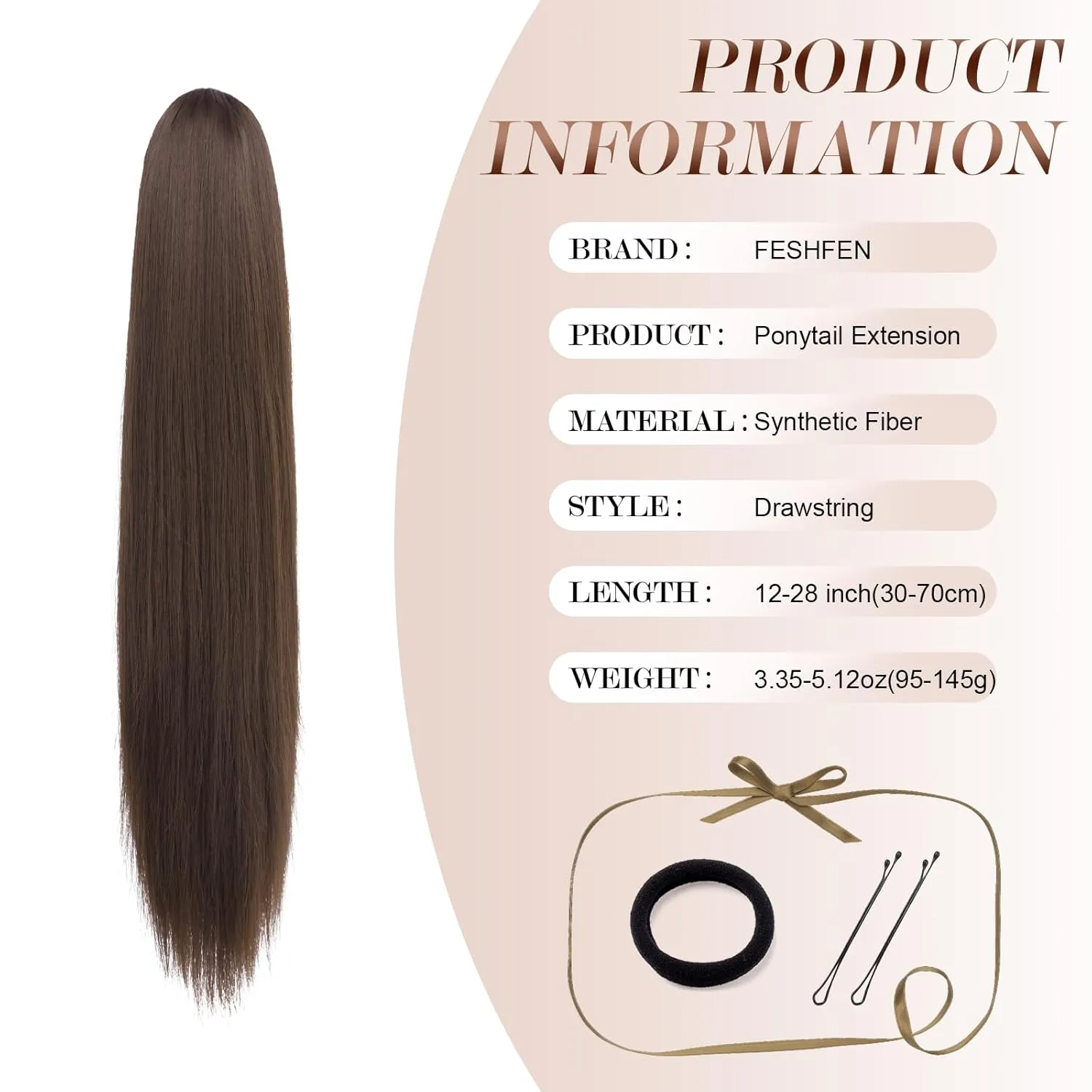 FESHFEN Straight Ponytail Extensions Long Drawstring Pony Tails Natural Synthetic Hairpiece Clip in Ponytails Hairpieces for Women, Light Brown 24 inch