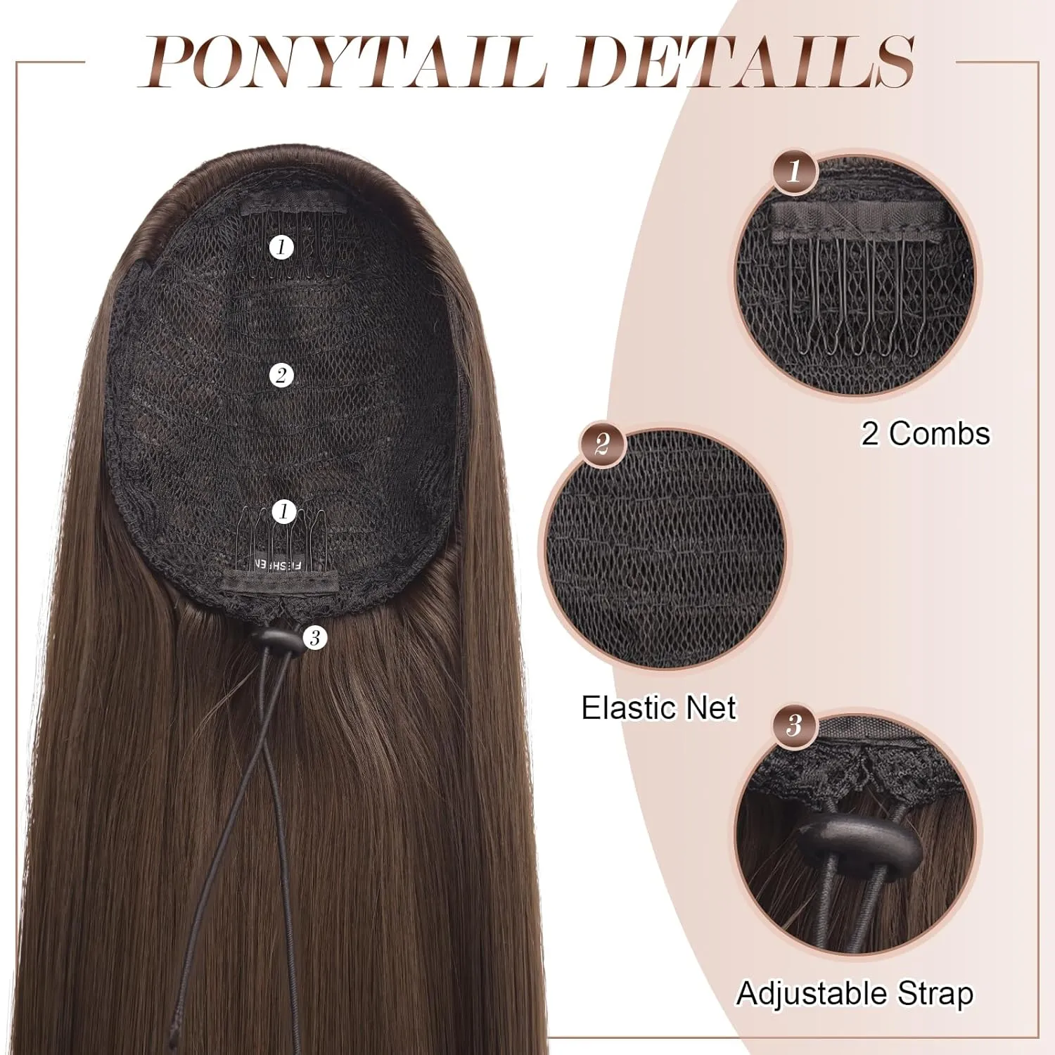 FESHFEN Straight Ponytail Extensions Long Drawstring Pony Tails Natural Synthetic Hairpiece Clip in Ponytails Hairpieces for Women, Light Brown 24 inch