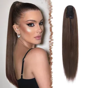 FESHFEN Straight Ponytail Extensions Long Drawstring Pony Tails Natural Synthetic Hairpiece Clip in Ponytails Hairpieces for Women, Light Brown 24 inch