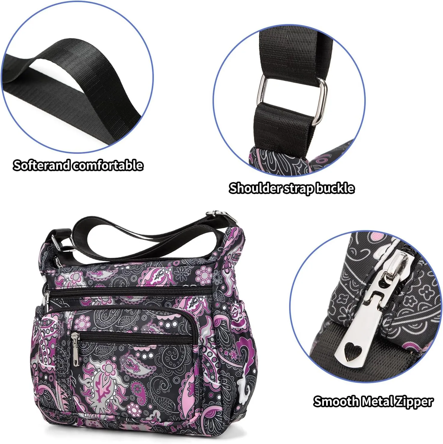 F.FETIVIN Women Floral Shoulder Handbag Roomy Multiple Pockets Bag Ladies Crossbody Lightweight Nylon Travel Purses