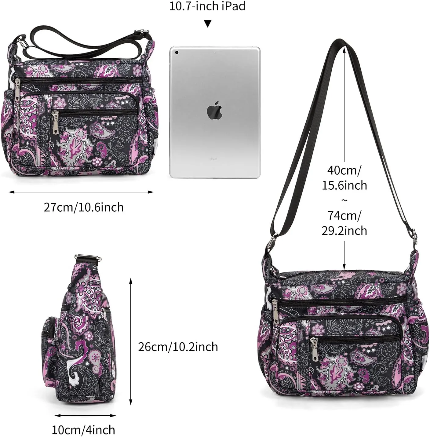 F.FETIVIN Women Floral Shoulder Handbag Roomy Multiple Pockets Bag Ladies Crossbody Lightweight Nylon Travel Purses