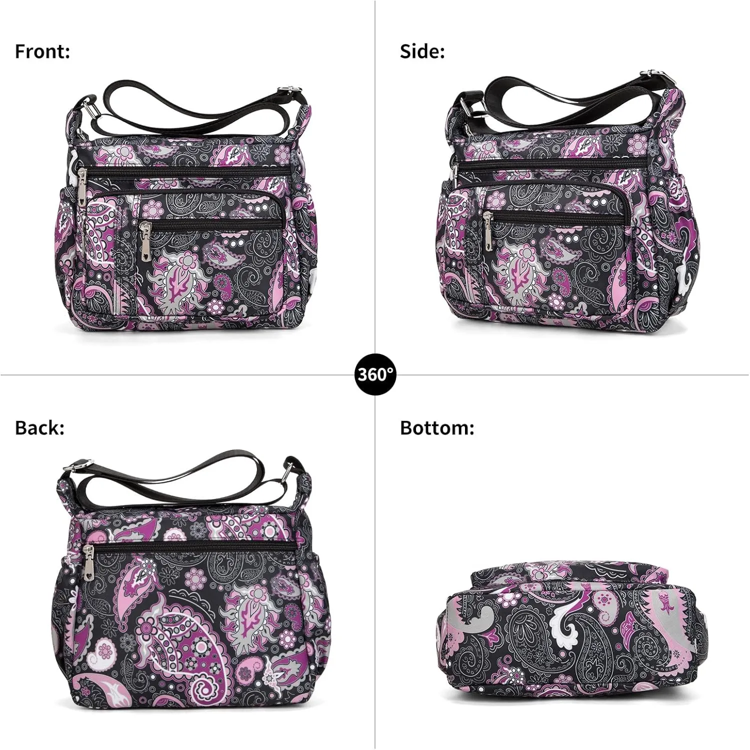 F.FETIVIN Women Floral Shoulder Handbag Roomy Multiple Pockets Bag Ladies Crossbody Lightweight Nylon Travel Purses