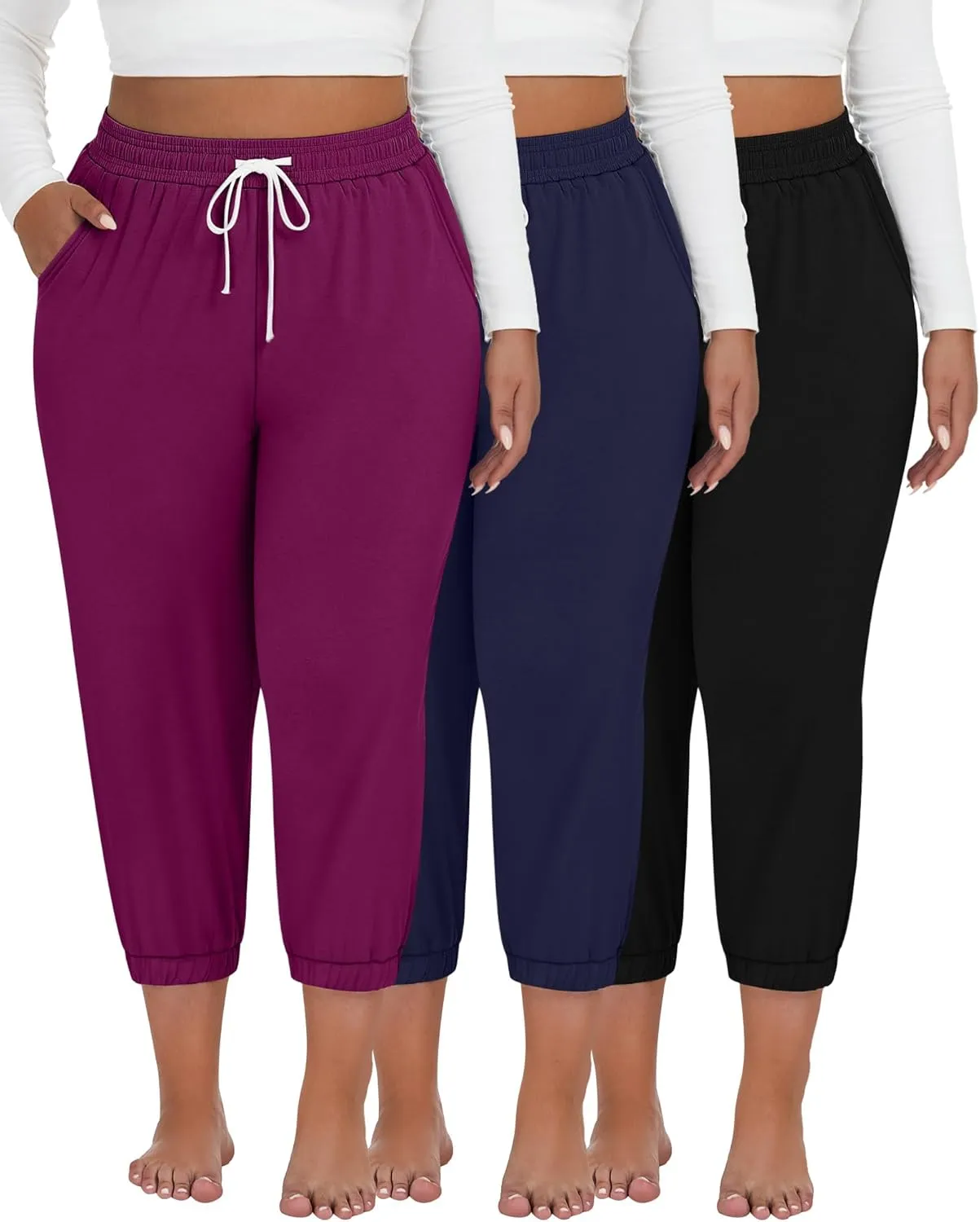 Ficerd 3 Pack Women's Plus Size Capri Sweatpants Cotton Drawstring Joggers Cropped Athletic Lounge Pants with Pockets