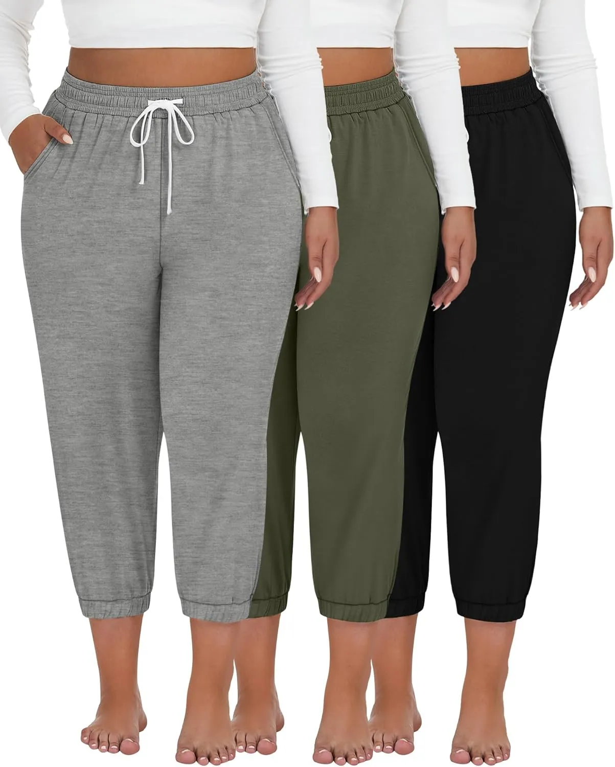 Ficerd 3 Pack Women's Plus Size Capri Sweatpants Cotton Drawstring Joggers Cropped Athletic Lounge Pants with Pockets