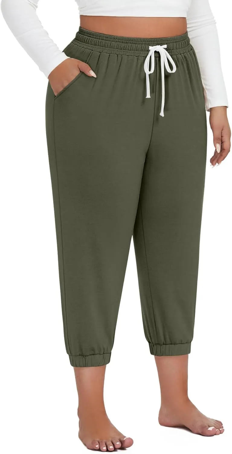 Ficerd 3 Pack Women's Plus Size Capri Sweatpants Cotton Drawstring Joggers Cropped Athletic Lounge Pants with Pockets