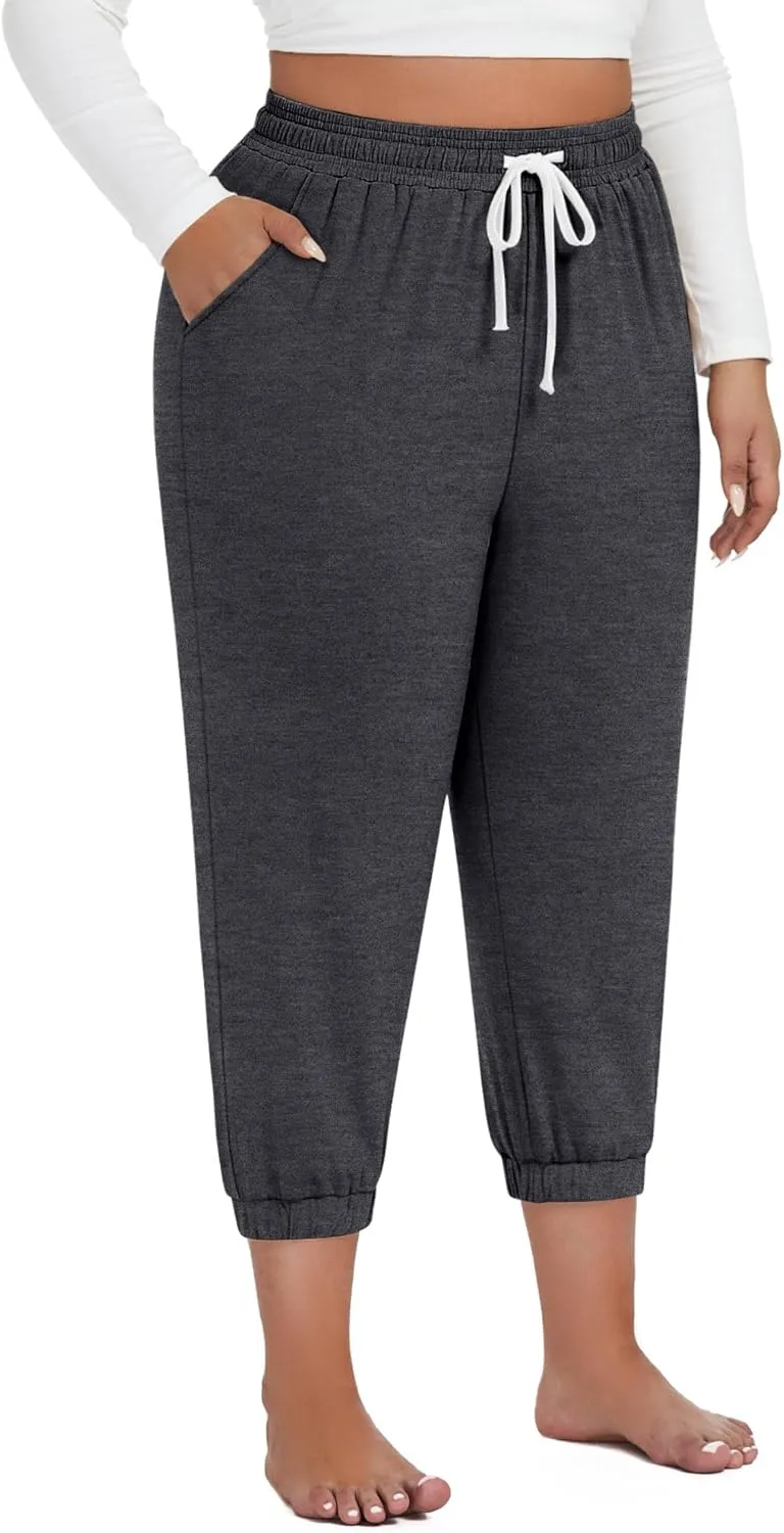 Ficerd 3 Pack Women's Plus Size Capri Sweatpants Cotton Drawstring Joggers Cropped Athletic Lounge Pants with Pockets