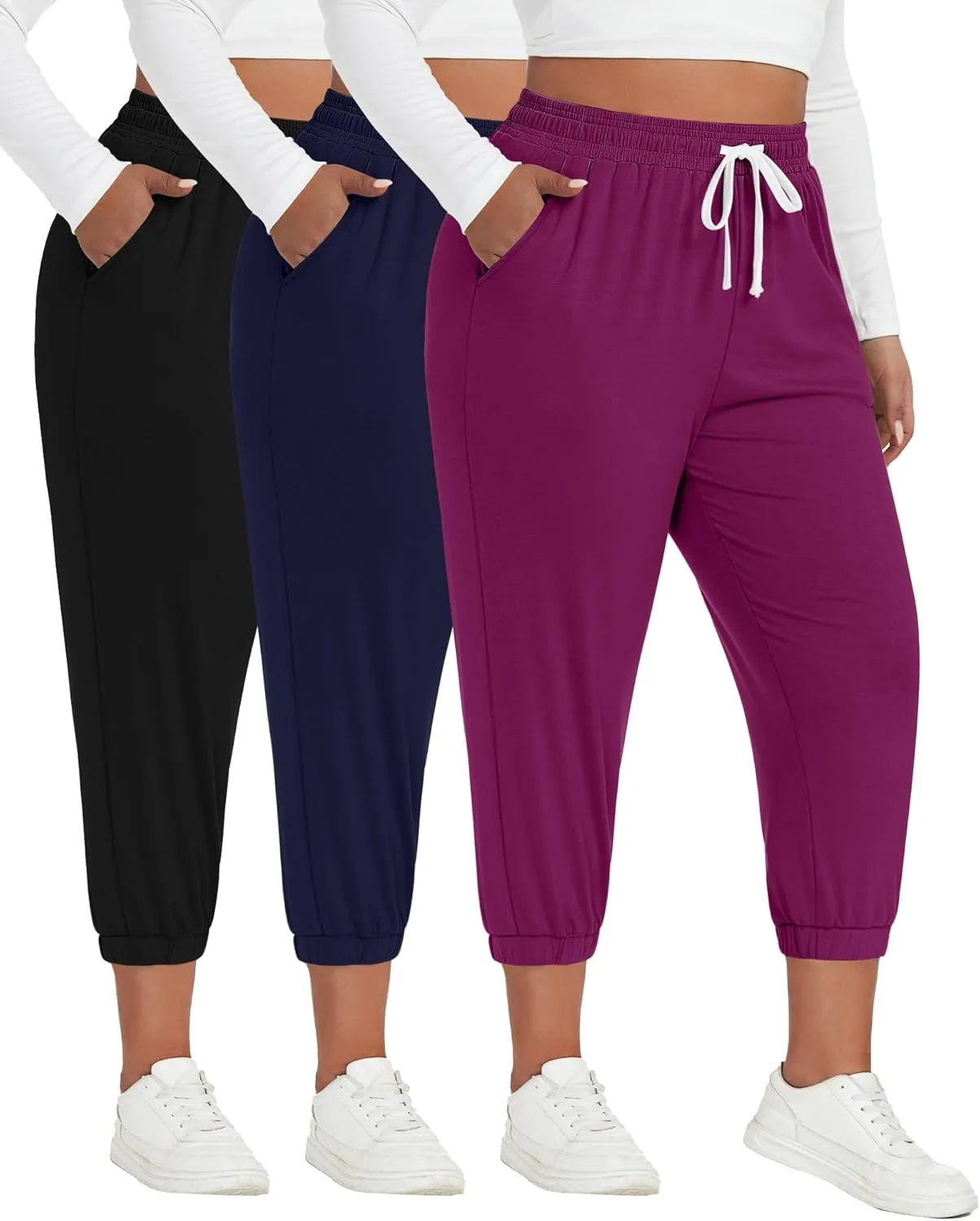 Ficerd 3 Pack Women's Plus Size Capri Sweatpants Cotton Drawstring Joggers Cropped Athletic Lounge Pants with Pockets