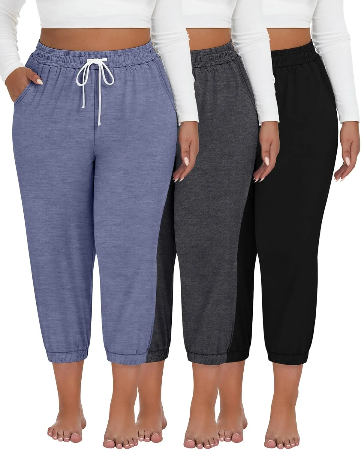 Ficerd 3 Pack Women's Plus Size Capri Sweatpants Cotton Drawstring Joggers Cropped Athletic Lounge Pants with Pockets