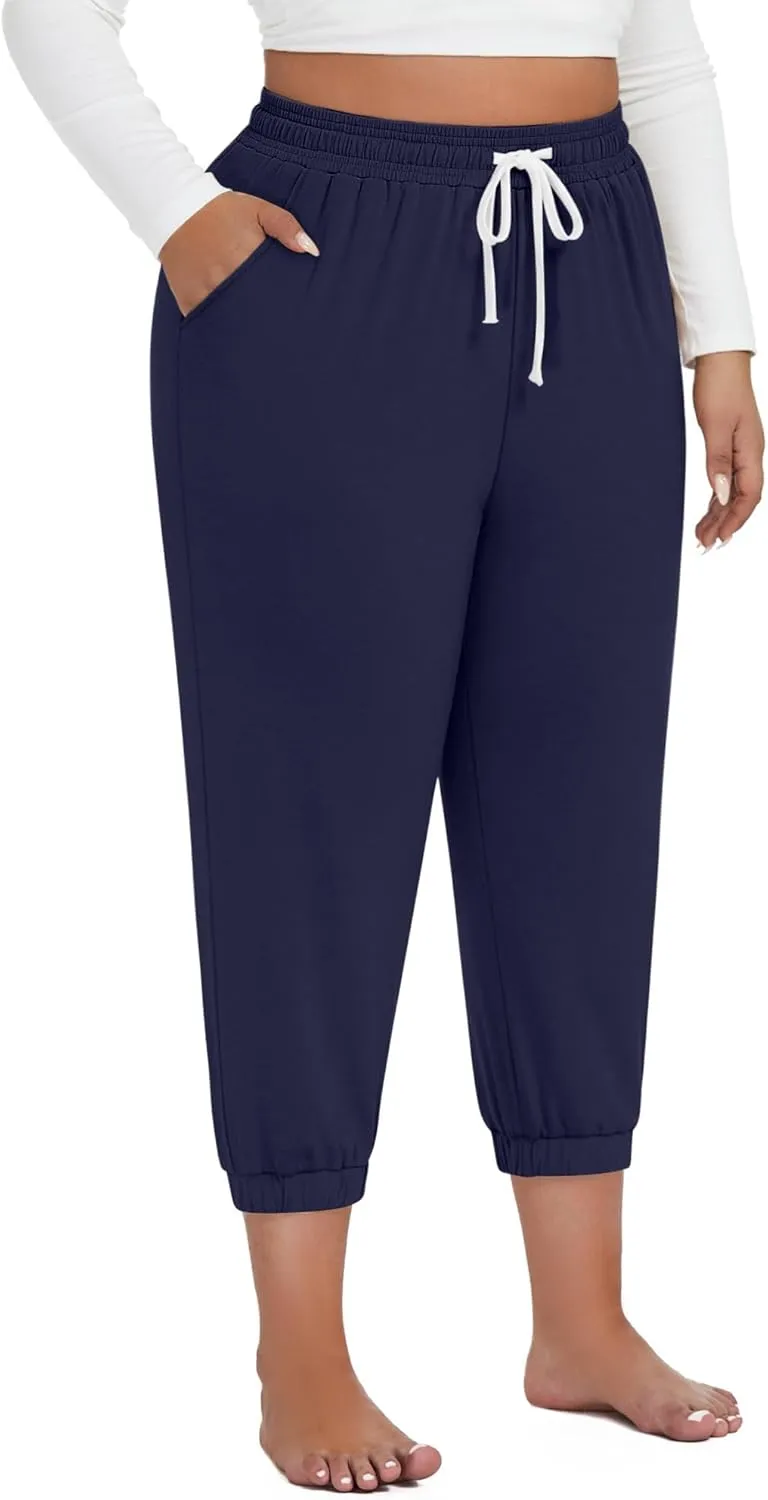 Ficerd 3 Pack Women's Plus Size Capri Sweatpants Cotton Drawstring Joggers Cropped Athletic Lounge Pants with Pockets