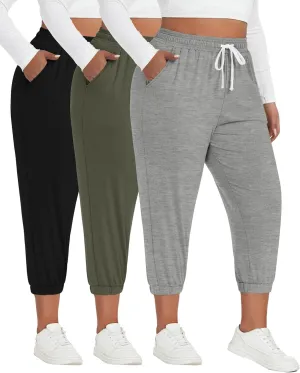 Ficerd 3 Pack Women's Plus Size Capri Sweatpants Cotton Drawstring Joggers Cropped Athletic Lounge Pants with Pockets