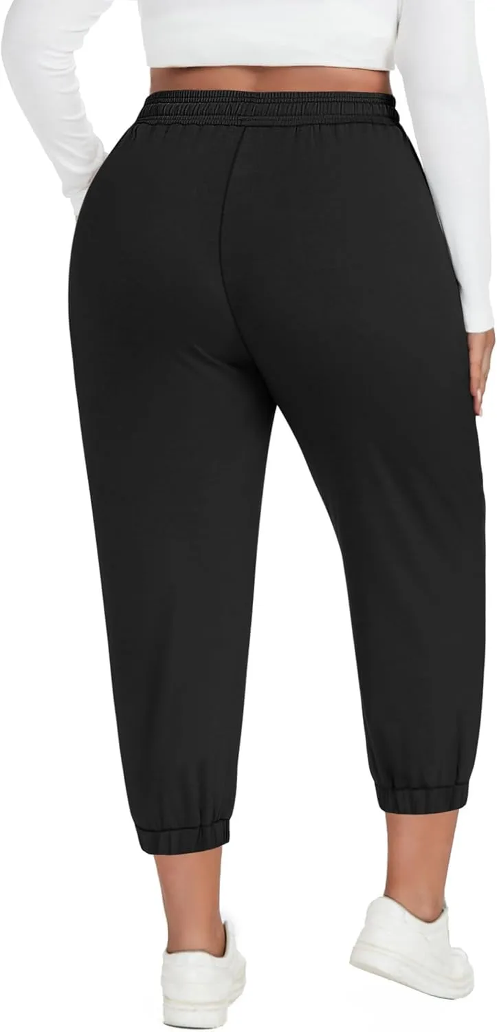 Ficerd 3 Pack Women's Plus Size Capri Sweatpants Cotton Drawstring Joggers Cropped Athletic Lounge Pants with Pockets