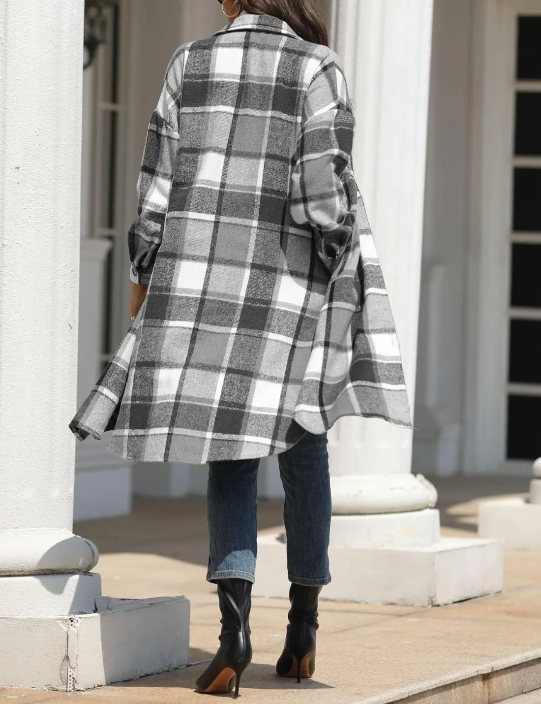 FindThy Women’s Long Plaid Shacket Wool Blend Button Down Shirt Jacket Coat with Pockets