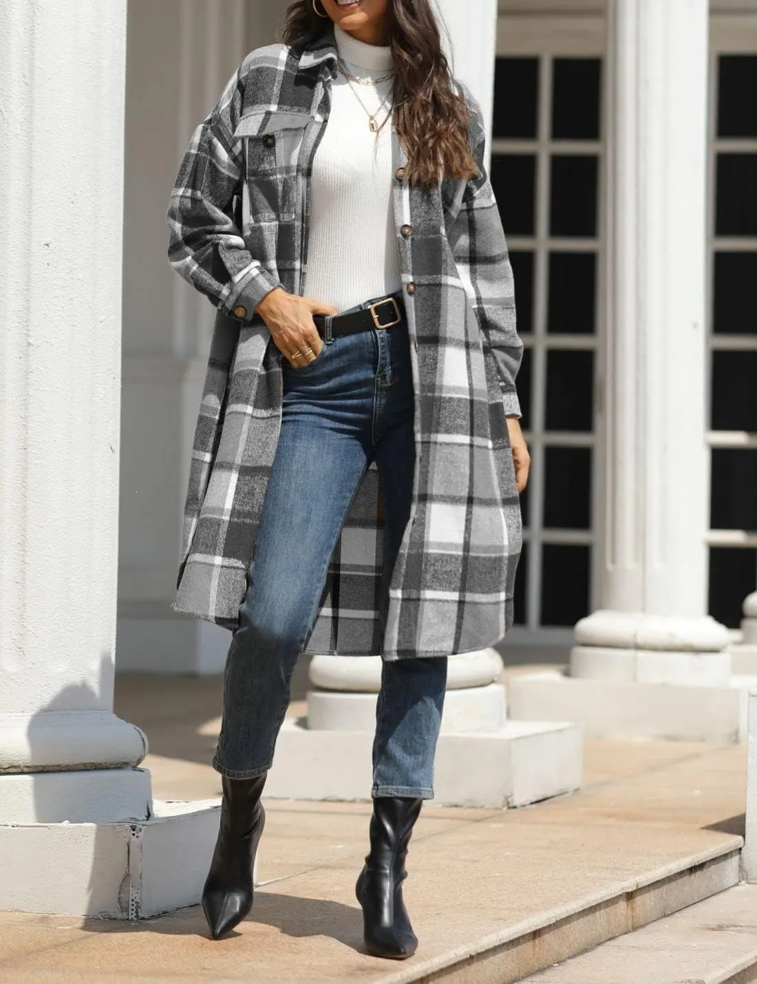 FindThy Women’s Long Plaid Shacket Wool Blend Button Down Shirt Jacket Coat with Pockets