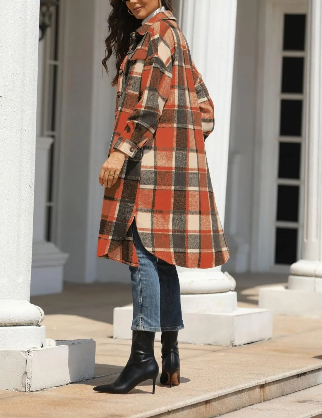 FindThy Women’s Long Plaid Shacket Wool Blend Button Down Shirt Jacket Coat with Pockets