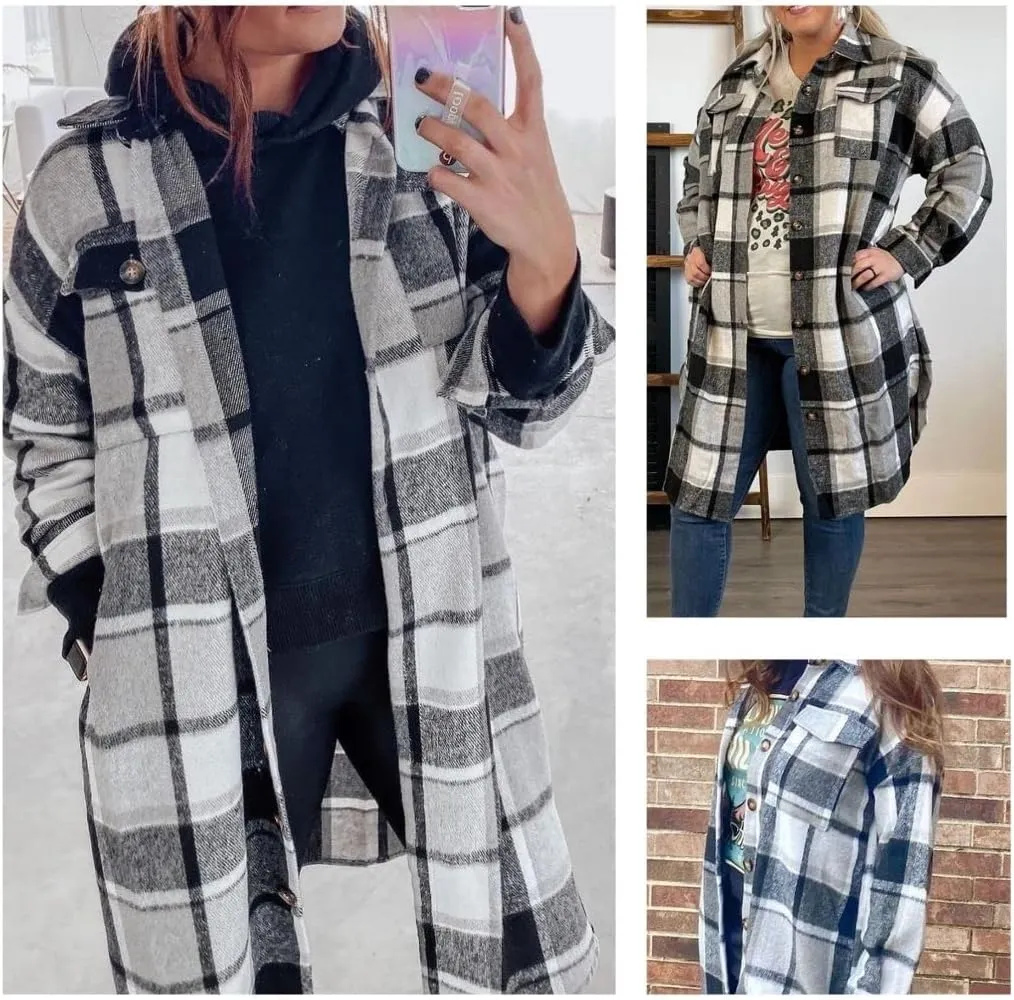 FindThy Women’s Long Plaid Shacket Wool Blend Button Down Shirt Jacket Coat with Pockets