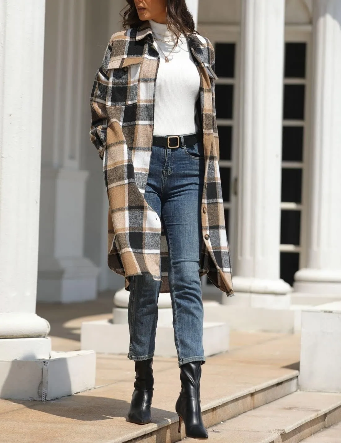 FindThy Women’s Long Plaid Shacket Wool Blend Button Down Shirt Jacket Coat with Pockets