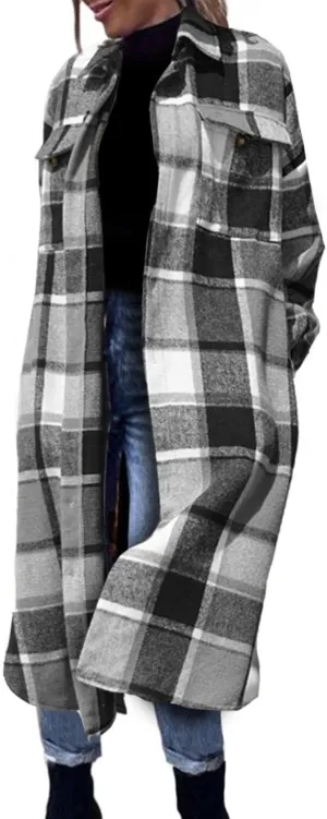 FindThy Women’s Long Plaid Shacket Wool Blend Button Down Shirt Jacket Coat with Pockets