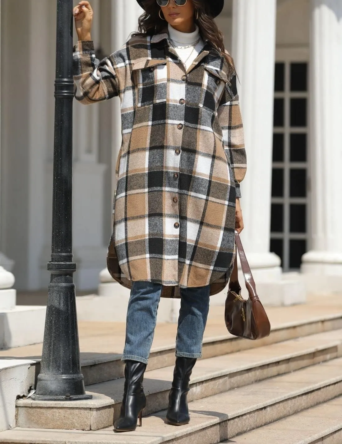 FindThy Women’s Long Plaid Shacket Wool Blend Button Down Shirt Jacket Coat with Pockets