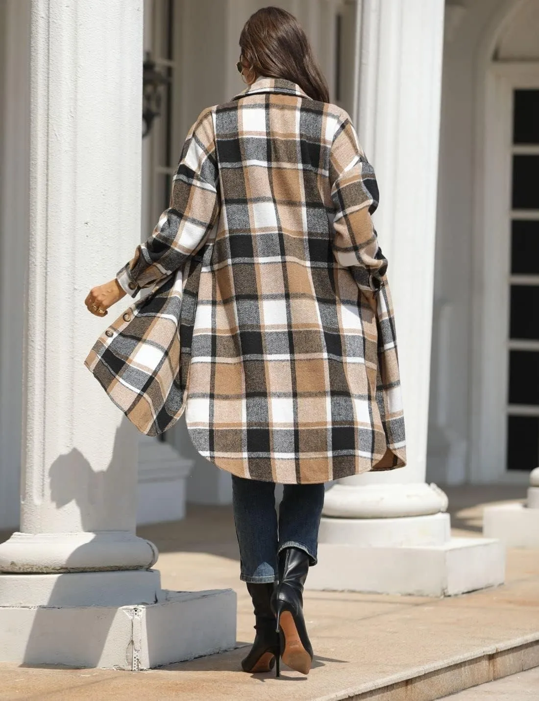 FindThy Women’s Long Plaid Shacket Wool Blend Button Down Shirt Jacket Coat with Pockets