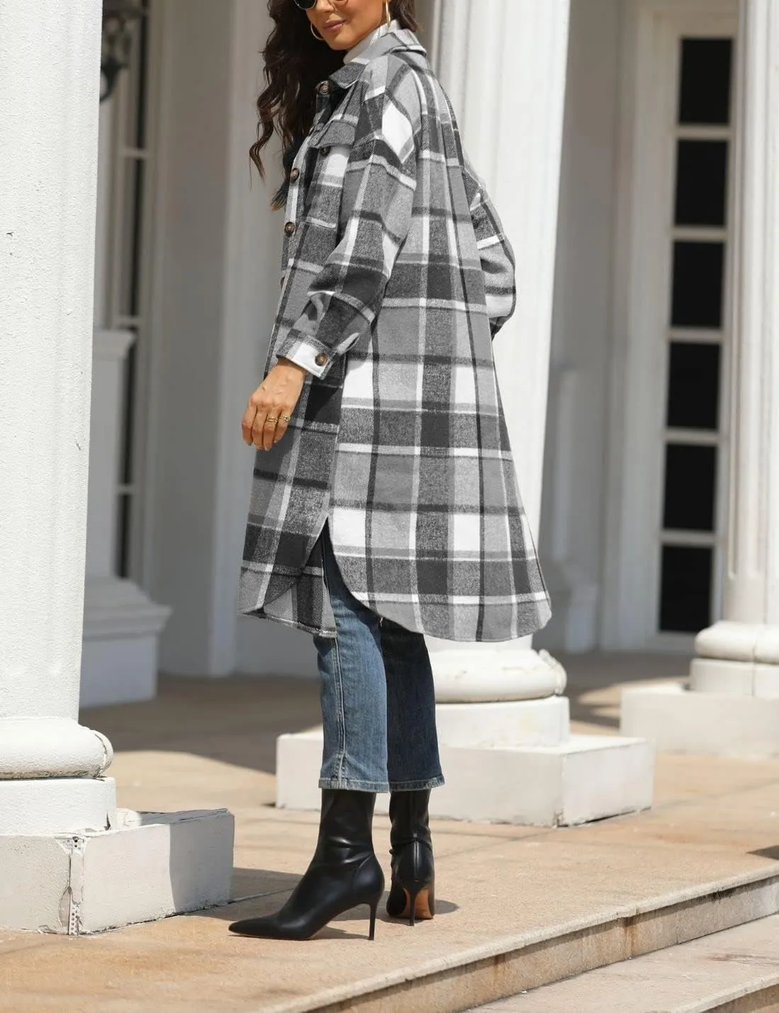 FindThy Women’s Long Plaid Shacket Wool Blend Button Down Shirt Jacket Coat with Pockets