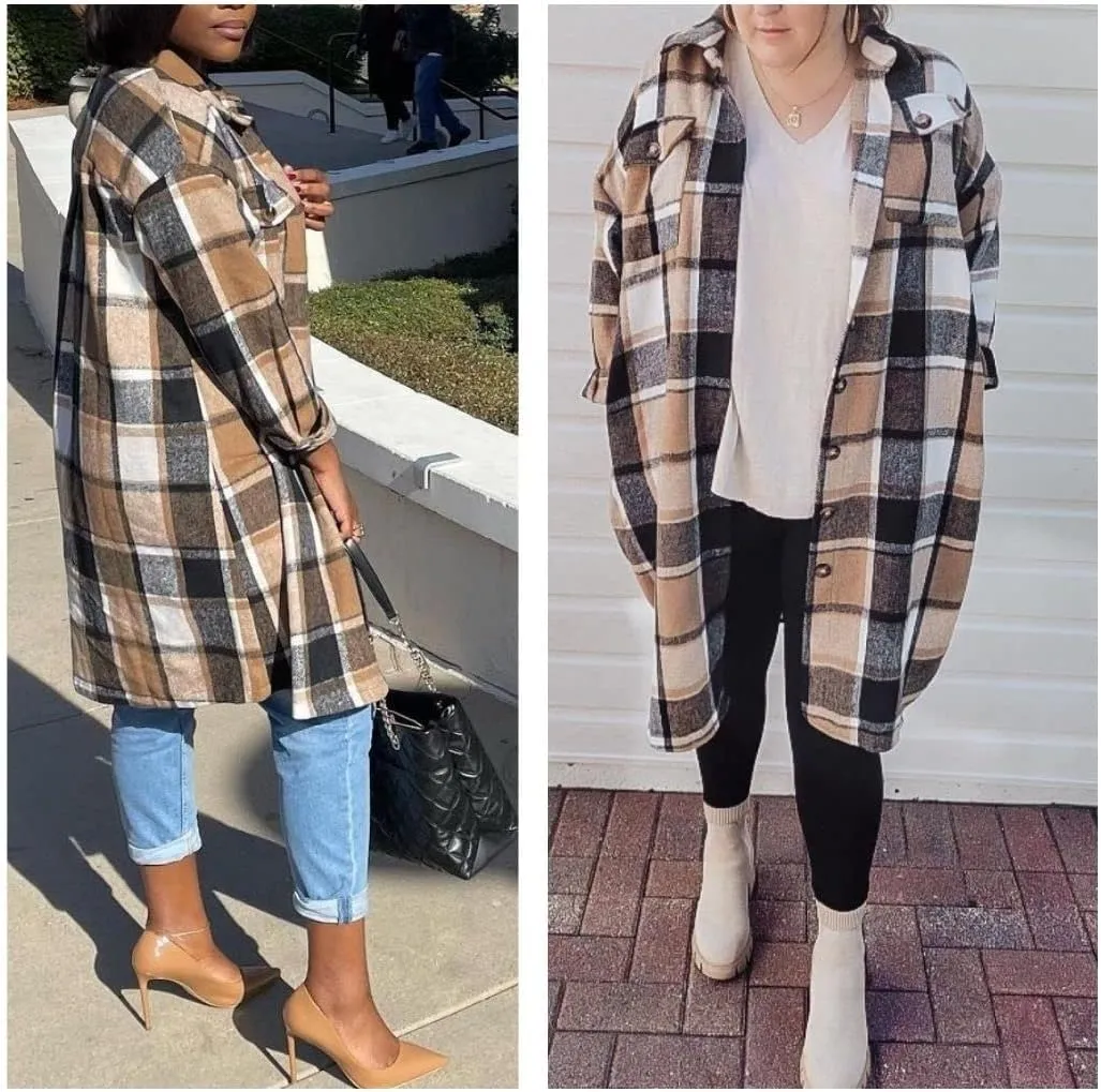 FindThy Women’s Long Plaid Shacket Wool Blend Button Down Shirt Jacket Coat with Pockets