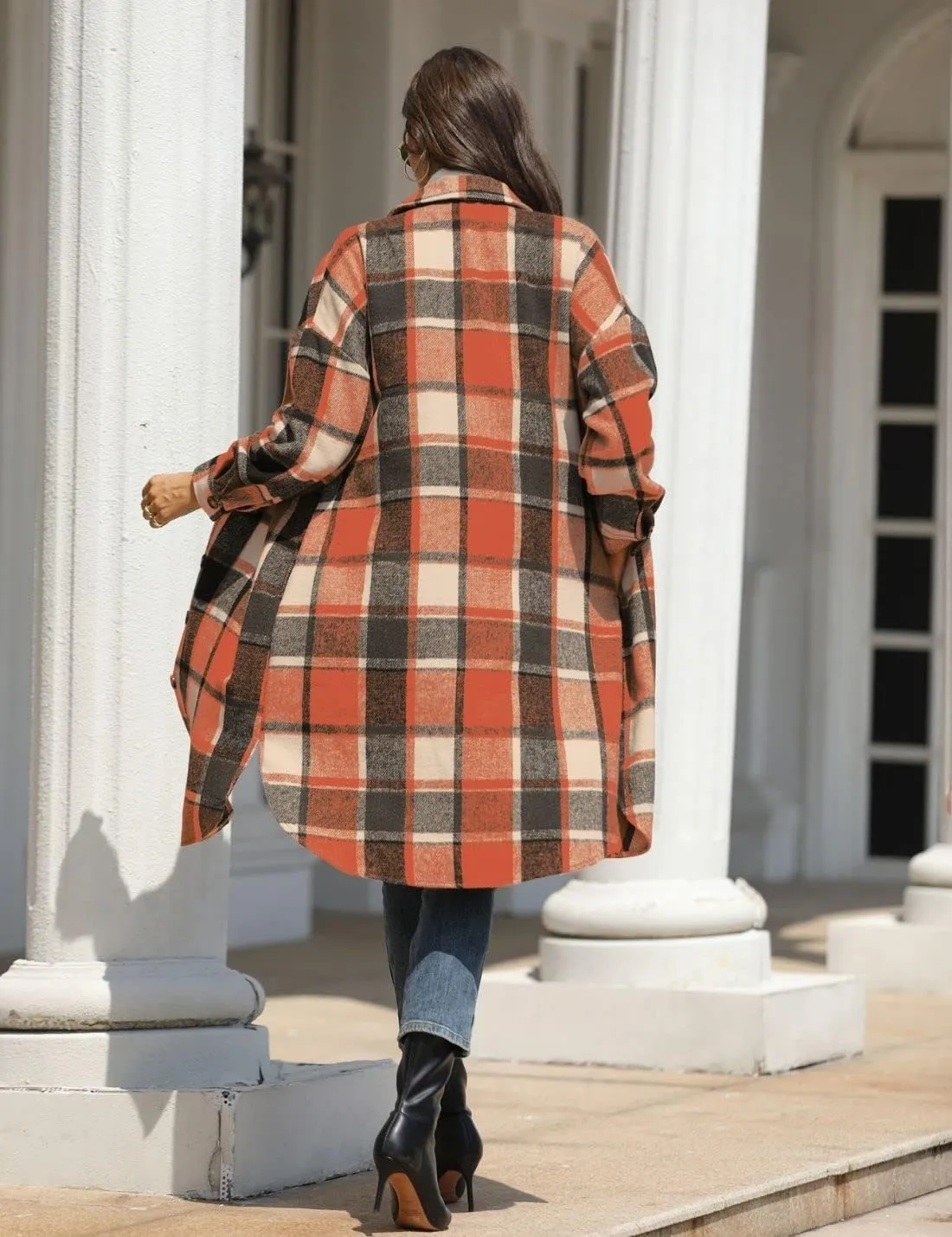 FindThy Women’s Long Plaid Shacket Wool Blend Button Down Shirt Jacket Coat with Pockets