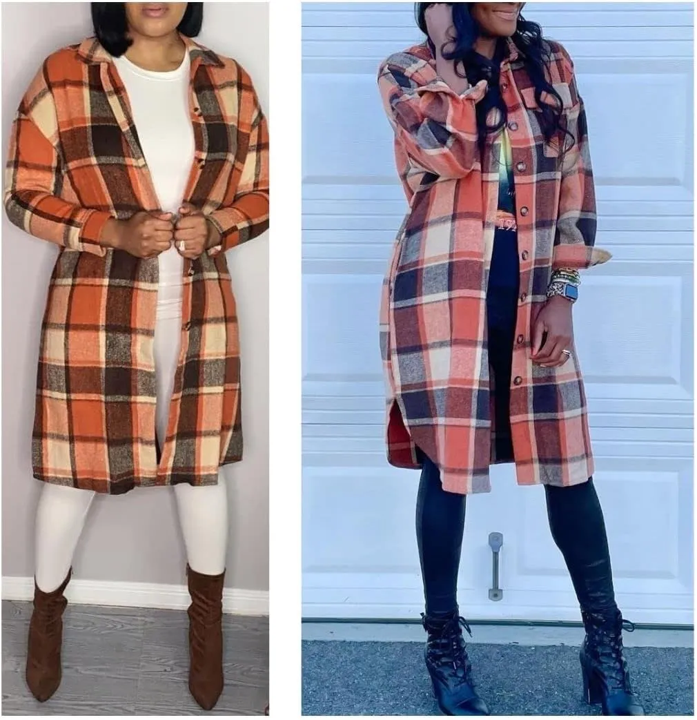 FindThy Women’s Long Plaid Shacket Wool Blend Button Down Shirt Jacket Coat with Pockets