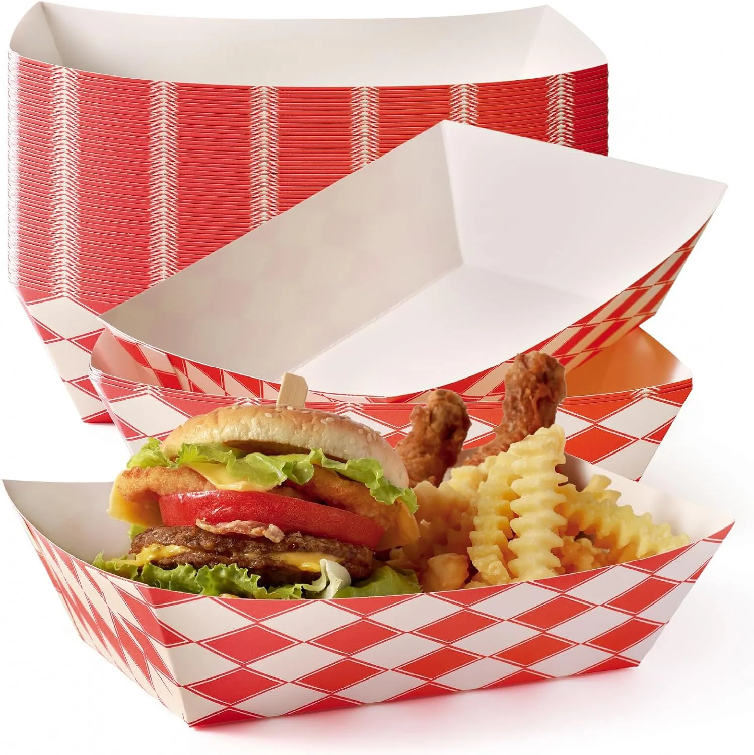 Fit Meal Prep [500 Pack 5 lb Paper Food Trays Heavy Duty Disposable Food Boats, Red Check, for Parties Fairs Picnics Carnivals, Hold Hamburger Snack Fries Hot Dog Grease Resistant