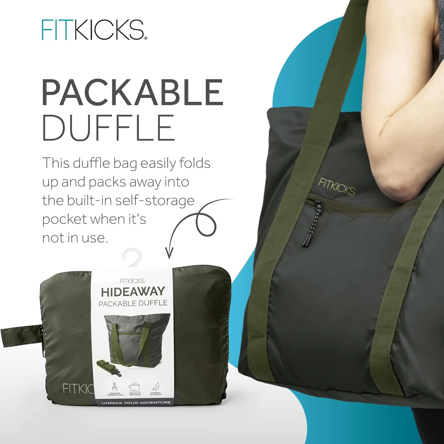 FITKICKS Hideaway Packable Duffle, Large Duffle Bag for Travel