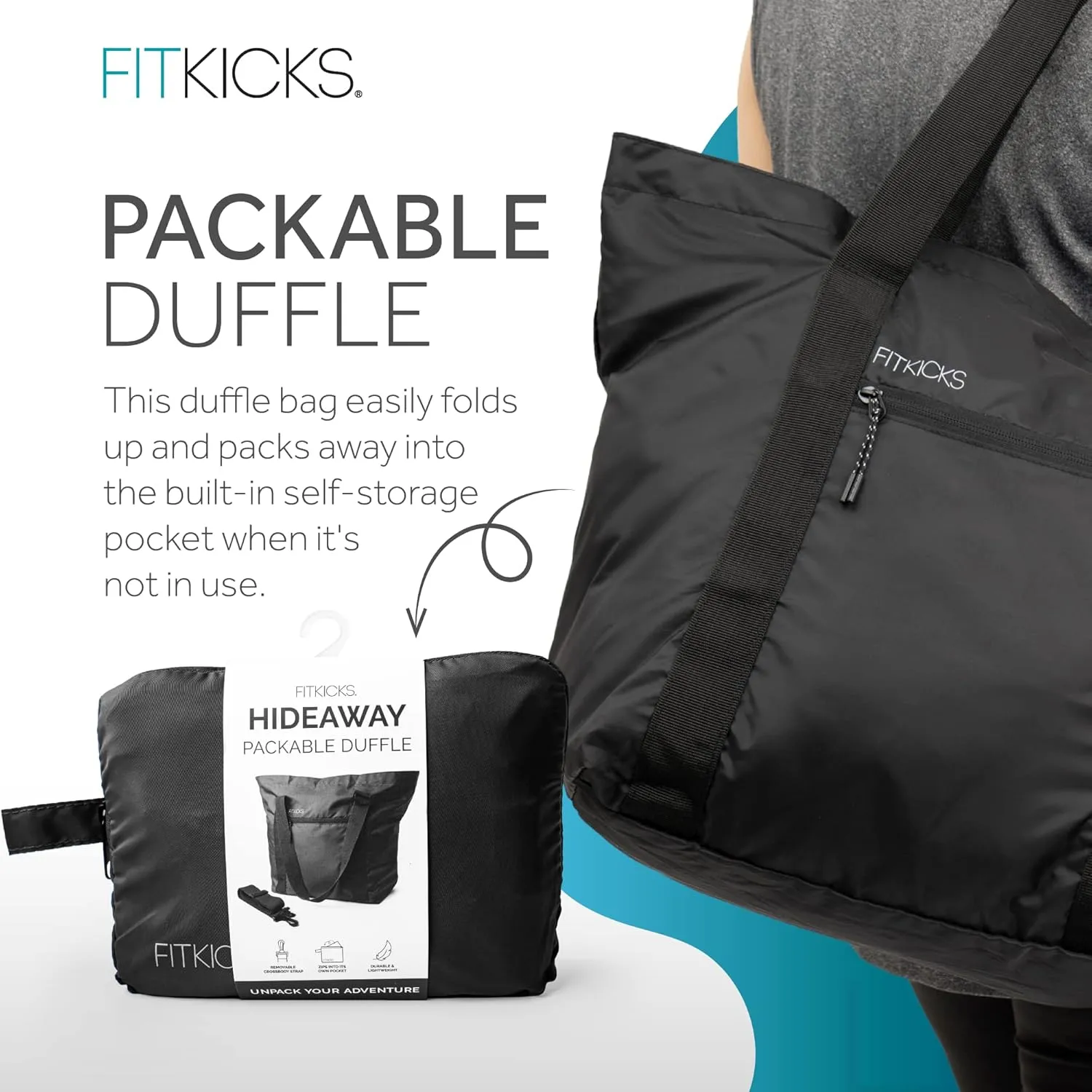 FITKICKS Hideaway Packable Duffle, Large Duffle Bag for Travel