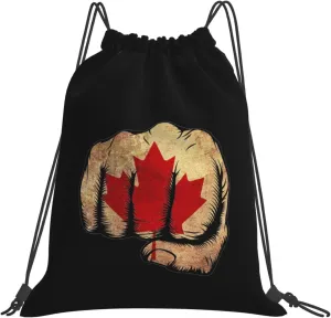 Flag of Canada Fist Power Drawstring Bags, Lightweight Gym Sack with Adjustable Cord, Water-Resistant Sports Backpack for Men Women, Travel, Yoga, College (Black)