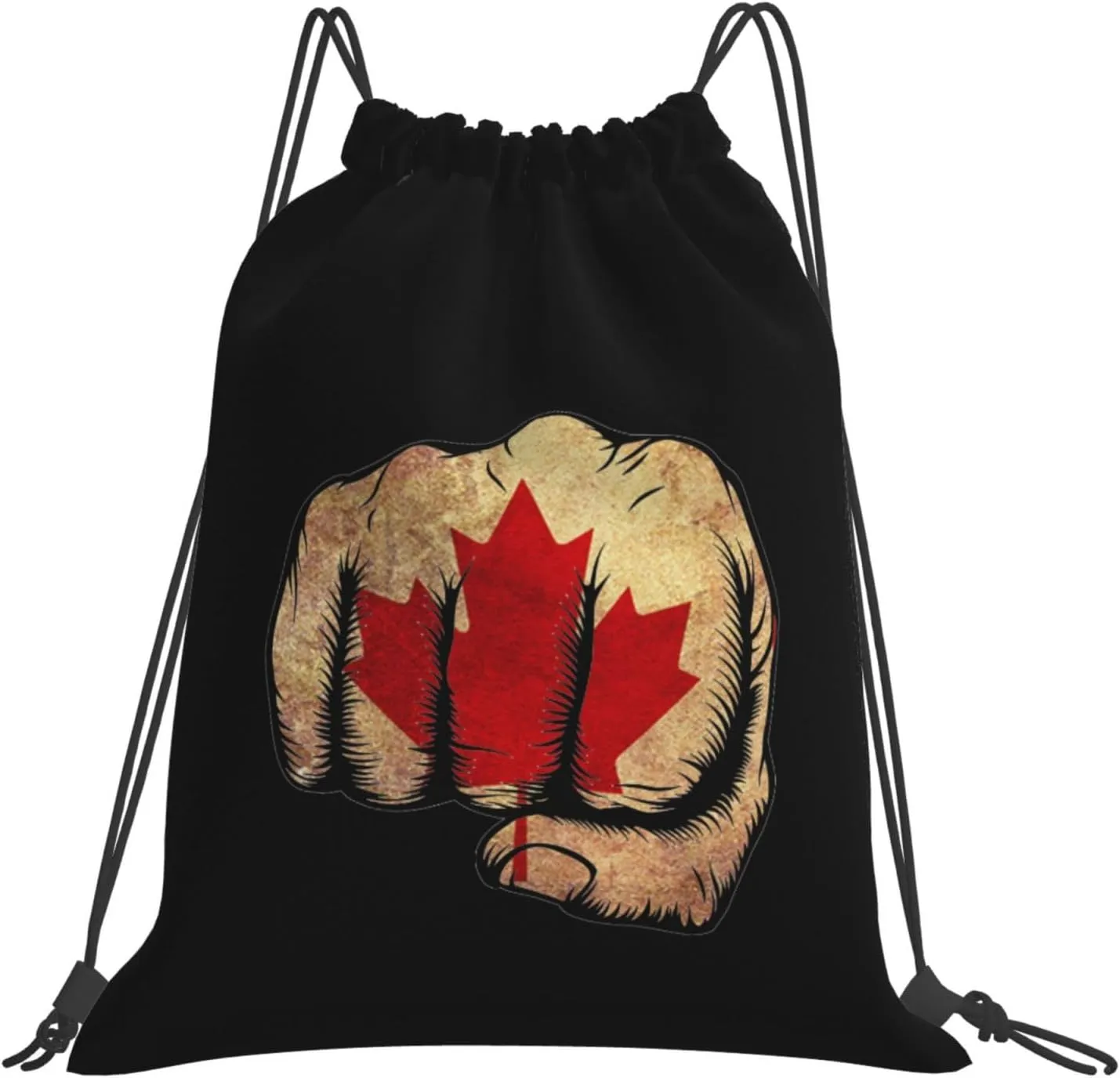 Flag of Canada Fist Power Drawstring Bags, Lightweight Gym Sack with Adjustable Cord, Water-Resistant Sports Backpack for Men Women, Travel, Yoga, College (Black)