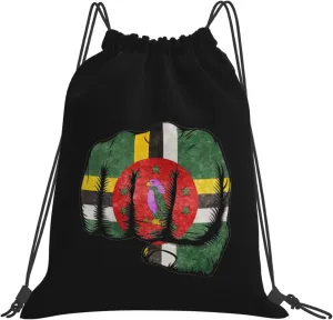 Flag of Dominica Fist Power Drawstring Bags, Lightweight Gym Sack with Adjustable Cord, Water-Resistant Sports Backpack for Men Women, Travel, Yoga, College (Black)