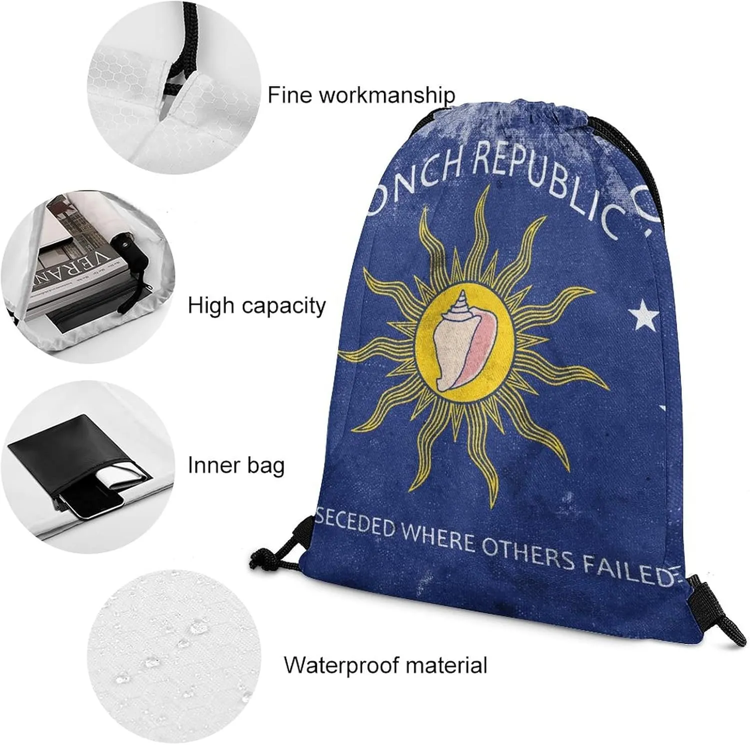 Flag of The Conch Republic Drawstring Backpack Sports Gym Sackpack Water Resistant String Bag for Women Men, 35*42cm, Style