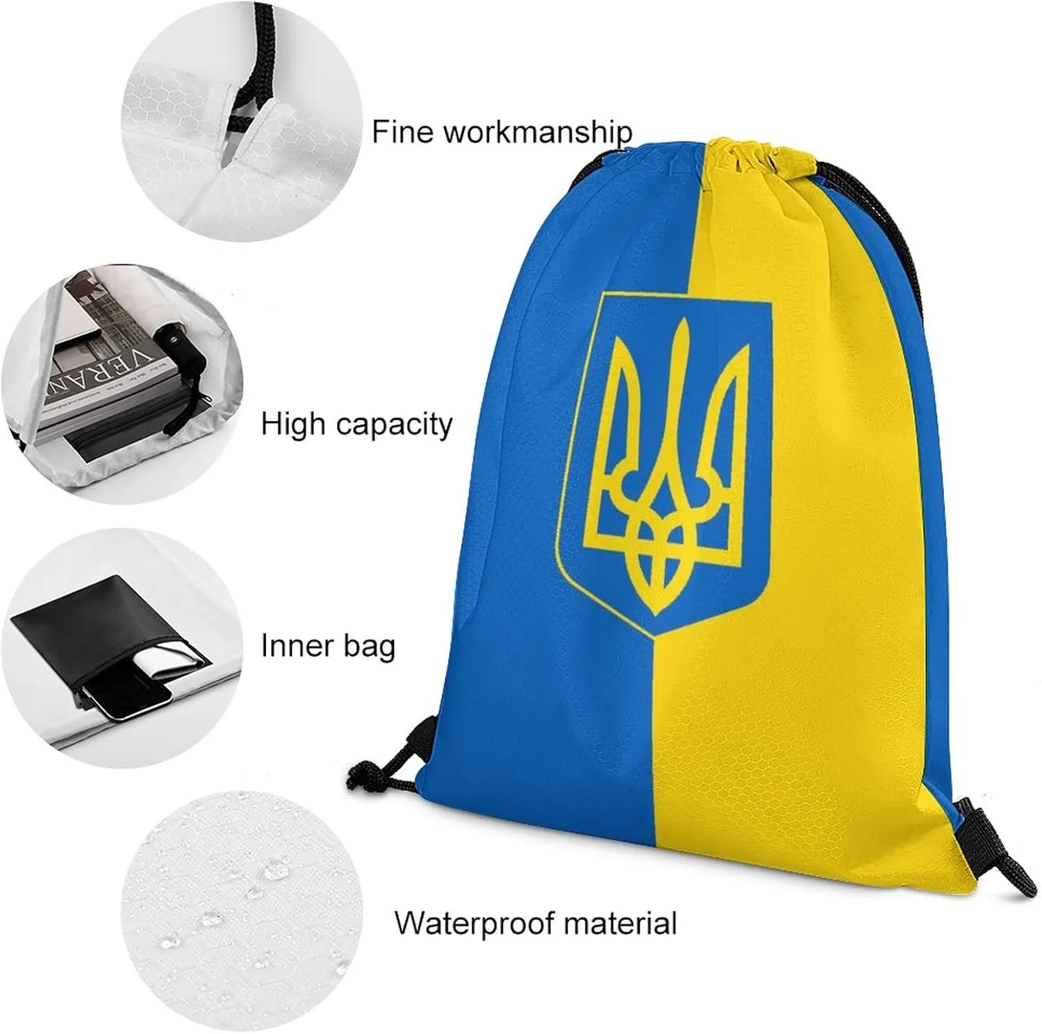 Flag of Ukraine Drawstring Backpack Sports Gym Sackpack Water Resistant String Bag for Women Men, 35*42cm, Style-3