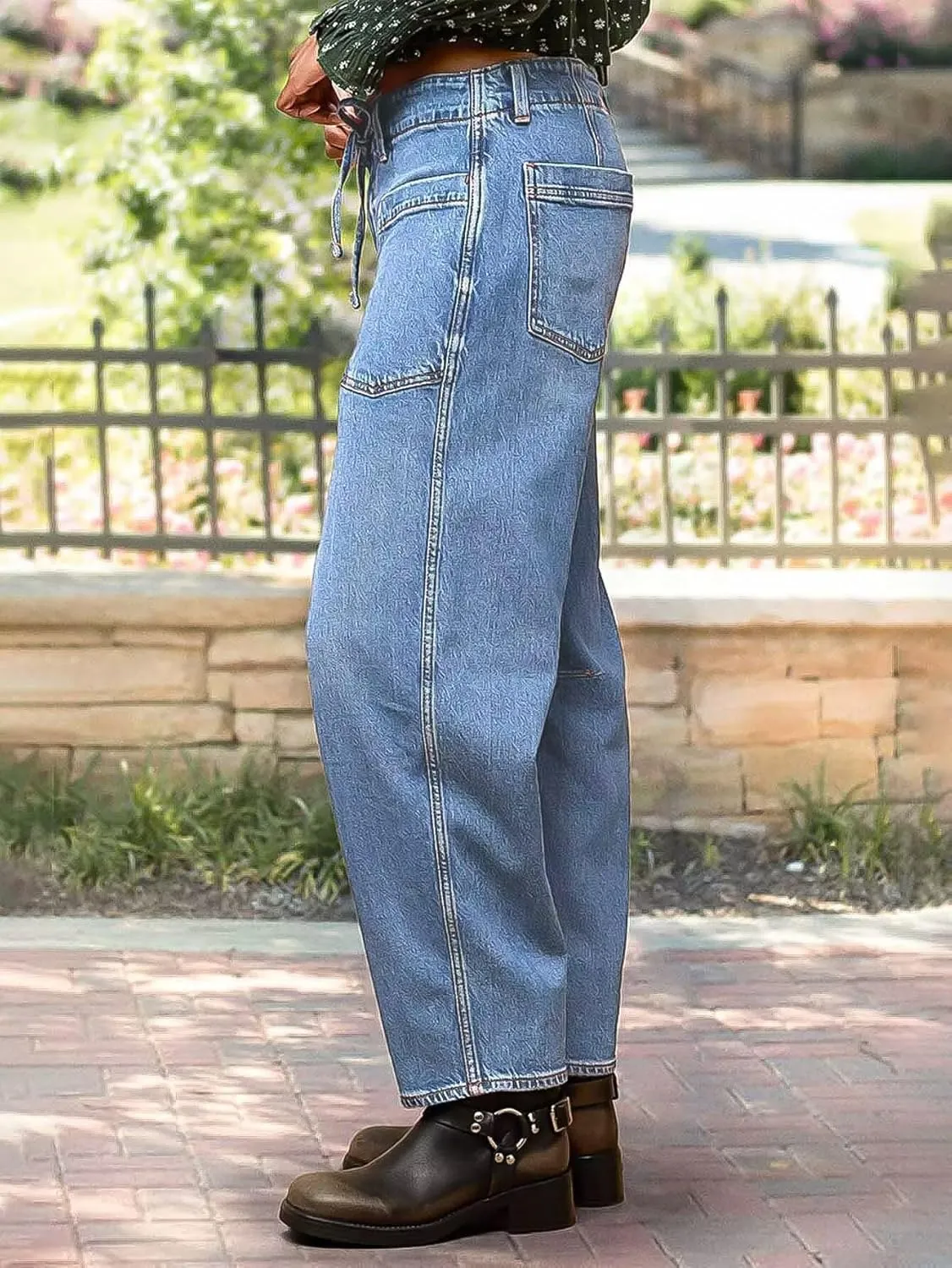 Flamingals Women’s Chic Stylish Mid Waist Wash Drawstring Stitch Detail Carrot Jeans