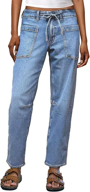 Flamingals Women’s Chic Stylish Mid Waist Wash Drawstring Stitch Detail Carrot Jeans
