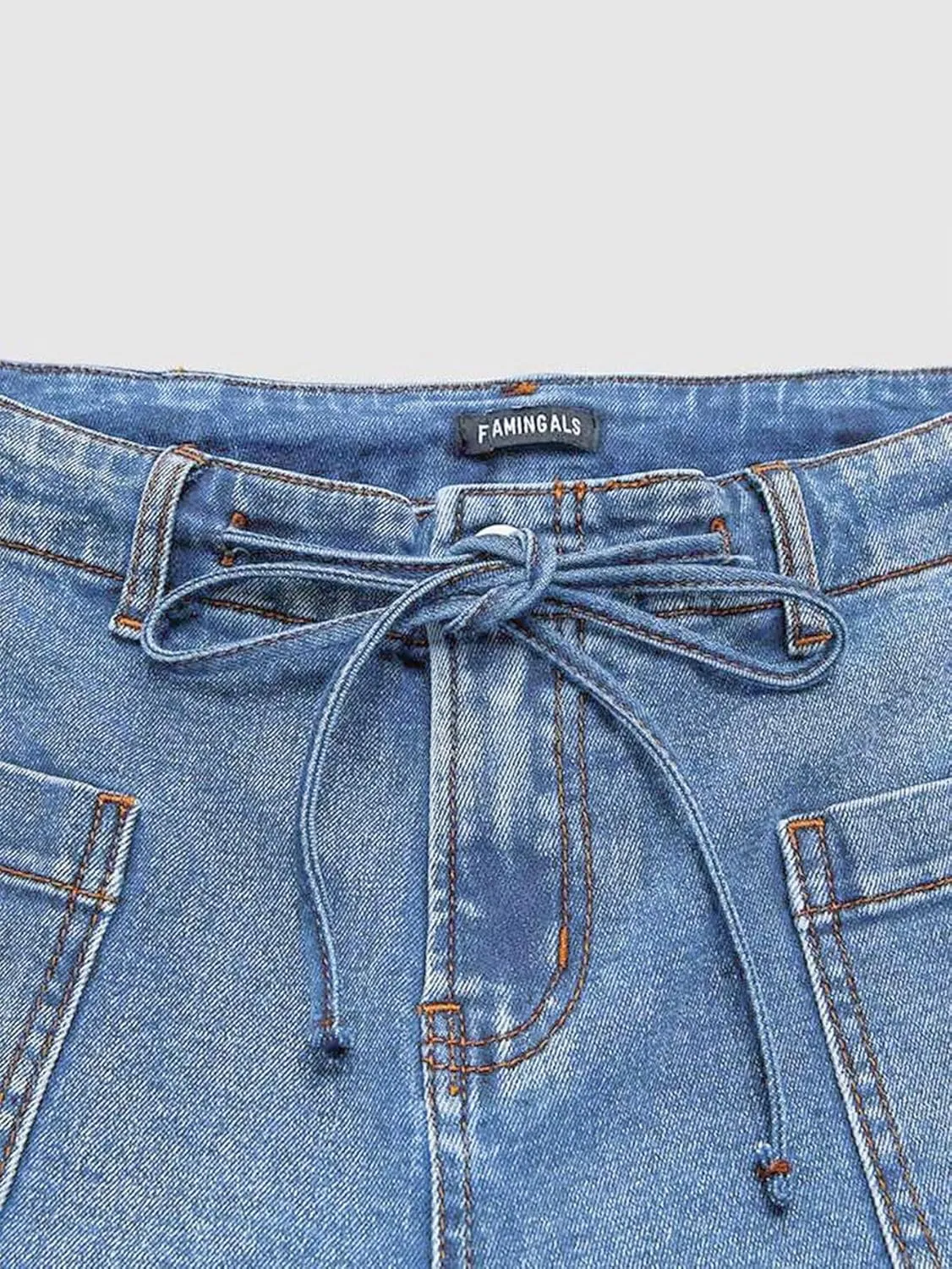 Flamingals Women’s Chic Stylish Mid Waist Wash Drawstring Stitch Detail Carrot Jeans