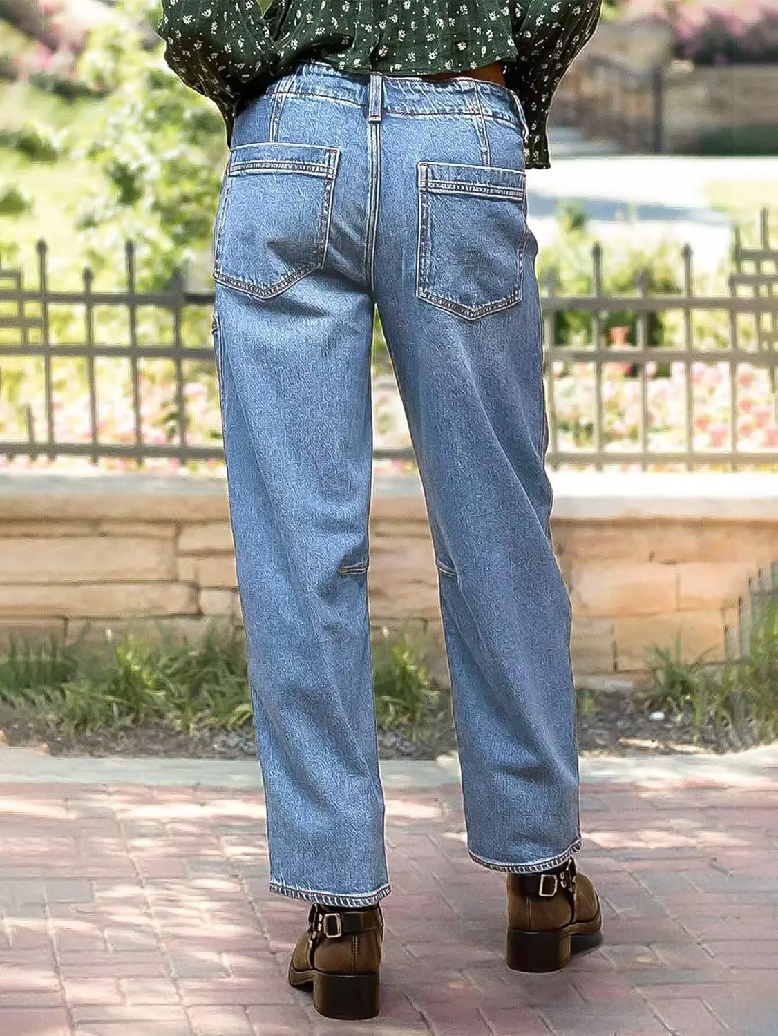 Flamingals Women’s Chic Stylish Mid Waist Wash Drawstring Stitch Detail Carrot Jeans