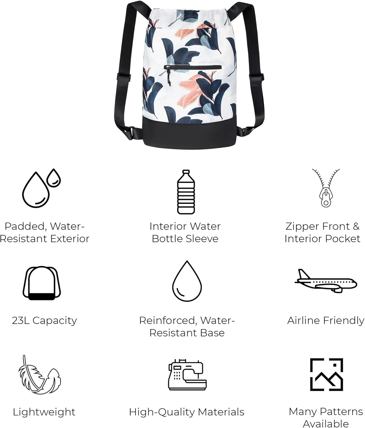 Flex Cinch Drawstring Gym Bag for Women with Graphic Designs | Durable Lightweight Gym Cinch Bags | Great for Gym Bag, Traveling, and Overnights | Navy/Coral - Guava Leaves