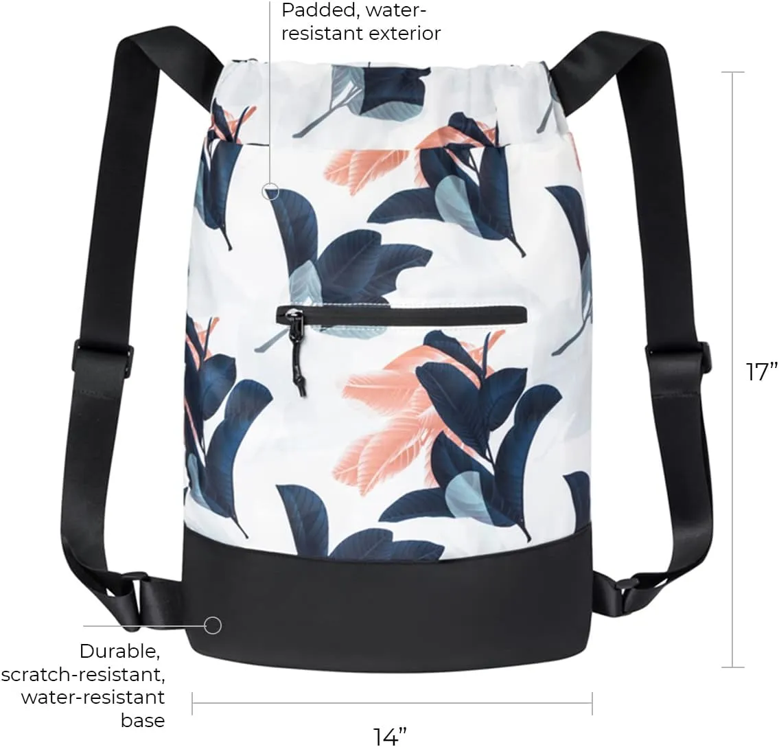 Flex Cinch Drawstring Gym Bag for Women with Graphic Designs | Durable Lightweight Gym Cinch Bags | Great for Gym Bag, Traveling, and Overnights | Navy/Coral - Guava Leaves