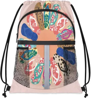 Flip Flops Drawstring Bag Drawstring Backpack Lightweight Mesh Pockets Zip Pocket Gym Drawstring Bags for Men Women Gift