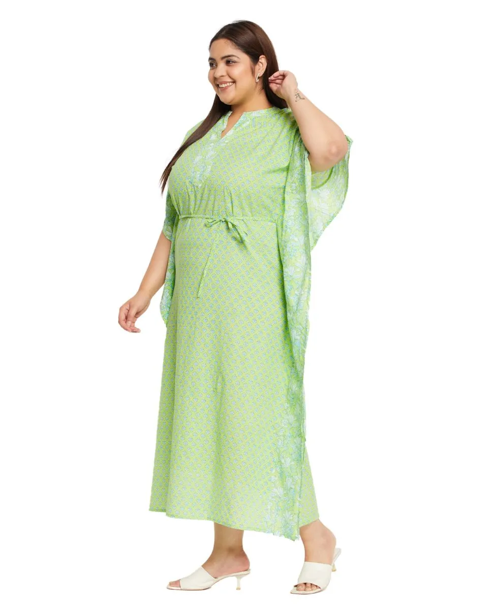 Floral Printed Neon Green Cotton Drawstring Kaftan For Plus Size Women