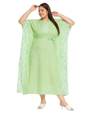 Floral Printed Neon Green Cotton Drawstring Kaftan For Plus Size Women