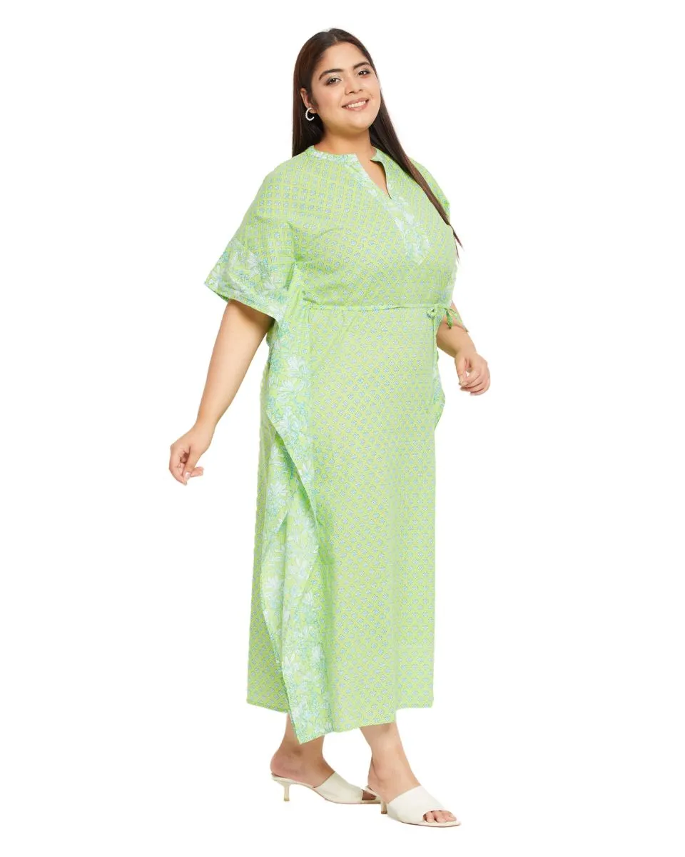 Floral Printed Neon Green Cotton Drawstring Kaftan For Plus Size Women