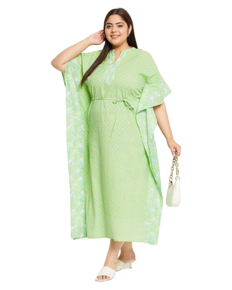 Floral Printed Neon Green Cotton Drawstring Kaftan For Plus Size Women