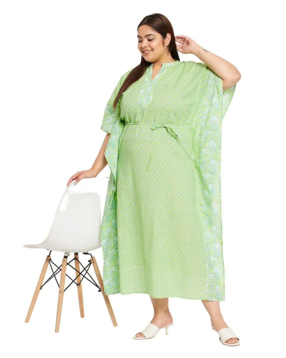 Floral Printed Neon Green Cotton Drawstring Kaftan For Plus Size Women