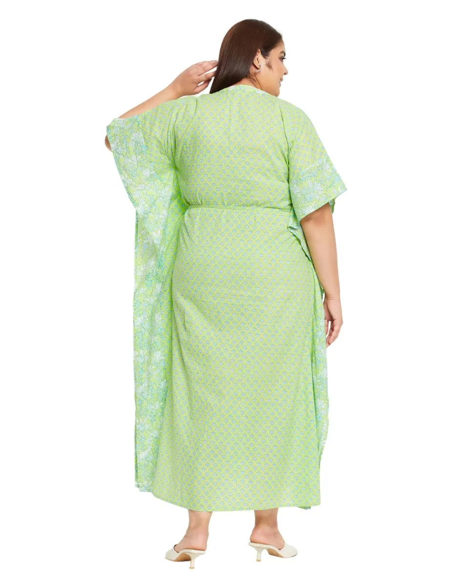 Floral Printed Neon Green Cotton Drawstring Kaftan For Plus Size Women