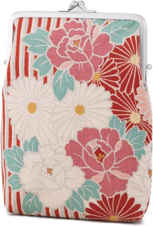 Floral Square Buckle Coin Purses (Kiss Lock Small Makeup Bag/Retro Flower - Red) / Made in Japan Change Purse Wallets Tiny Makeup Bag for Woman