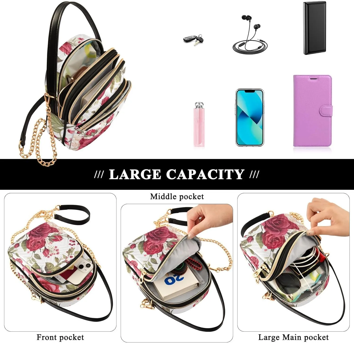 Floral with Red Roses Women Crossbody Bag, Crossbody with Strap, Crossbody Shoulder Bag for Women